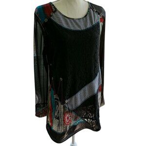 Ronnie Salloway Women’s Black Multi Artwork Lace Tunic Top Sz-M